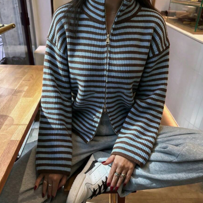Kate Striped Mock Neck Knit Cardigan