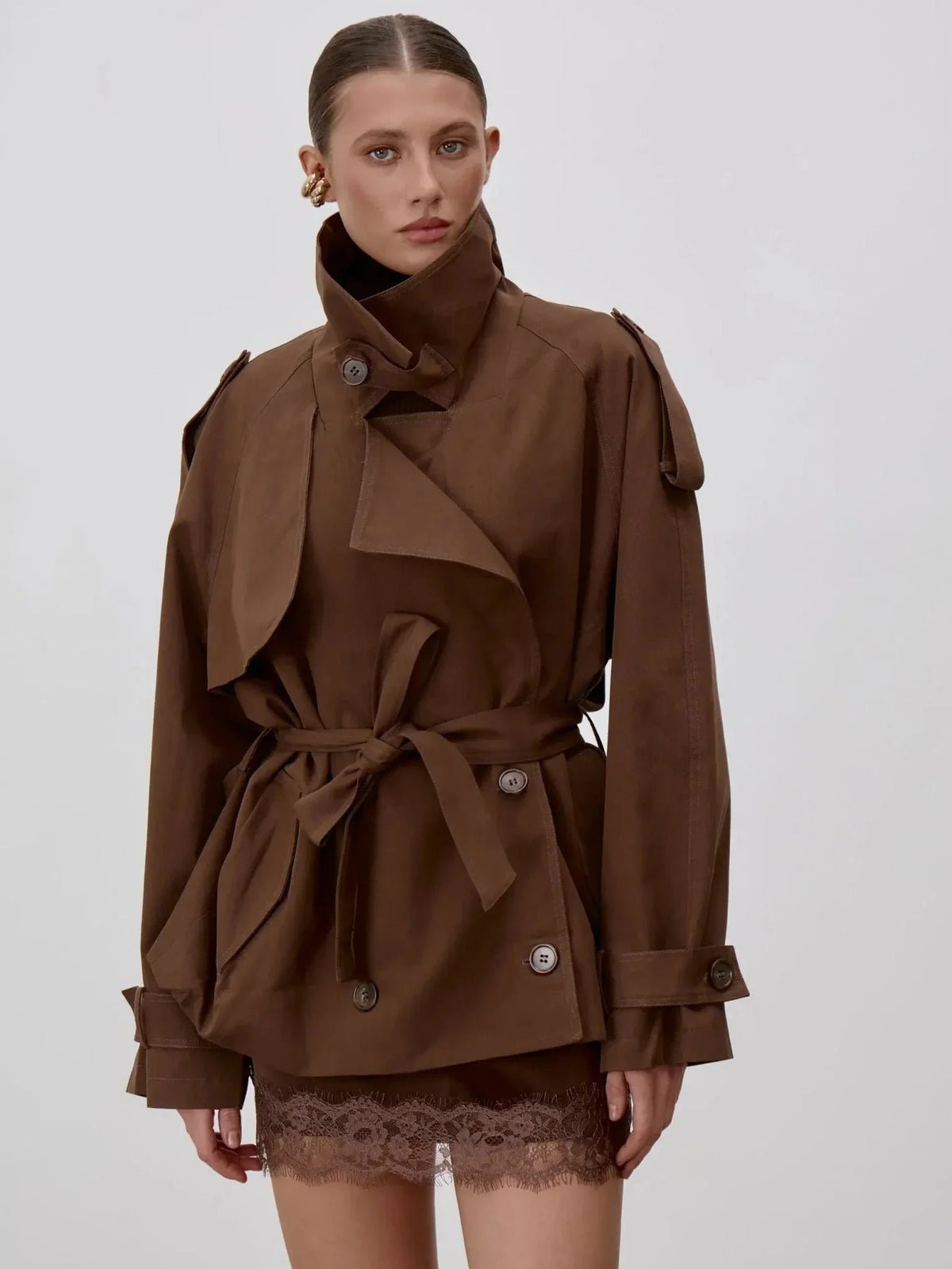 SOKYND Alice Lace Up Stand Collar Trenchcoat Coats & JacketsDark BrownS