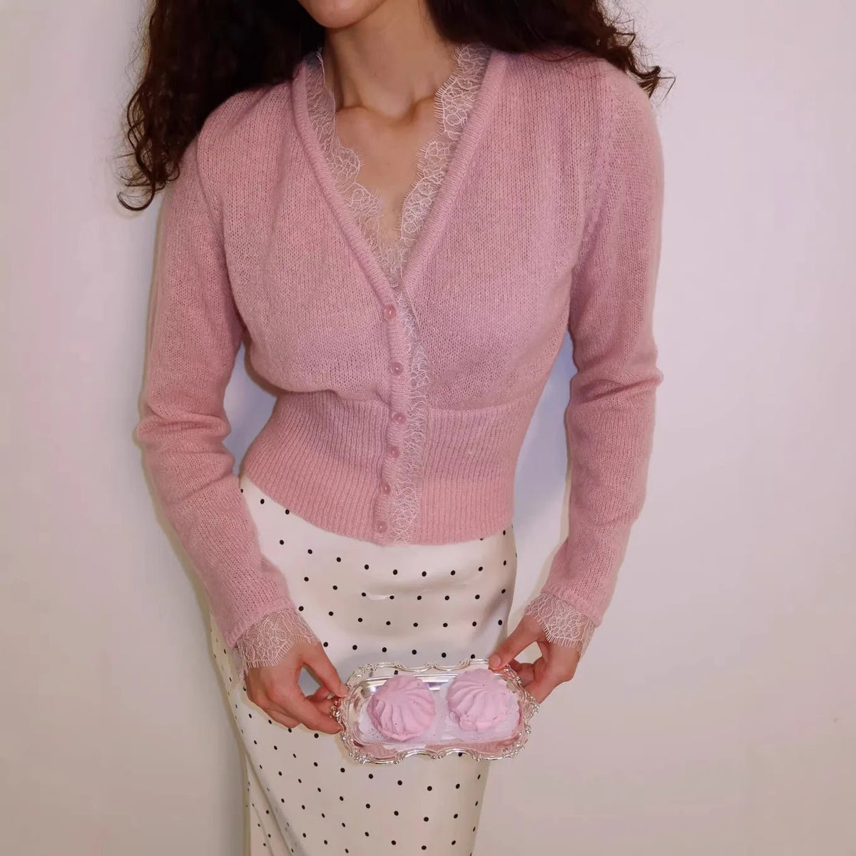 SOKYND Anna V-Neck Lace Trim Cardigan CardiganSOKYND-312727-PIN-OS-71159Pink