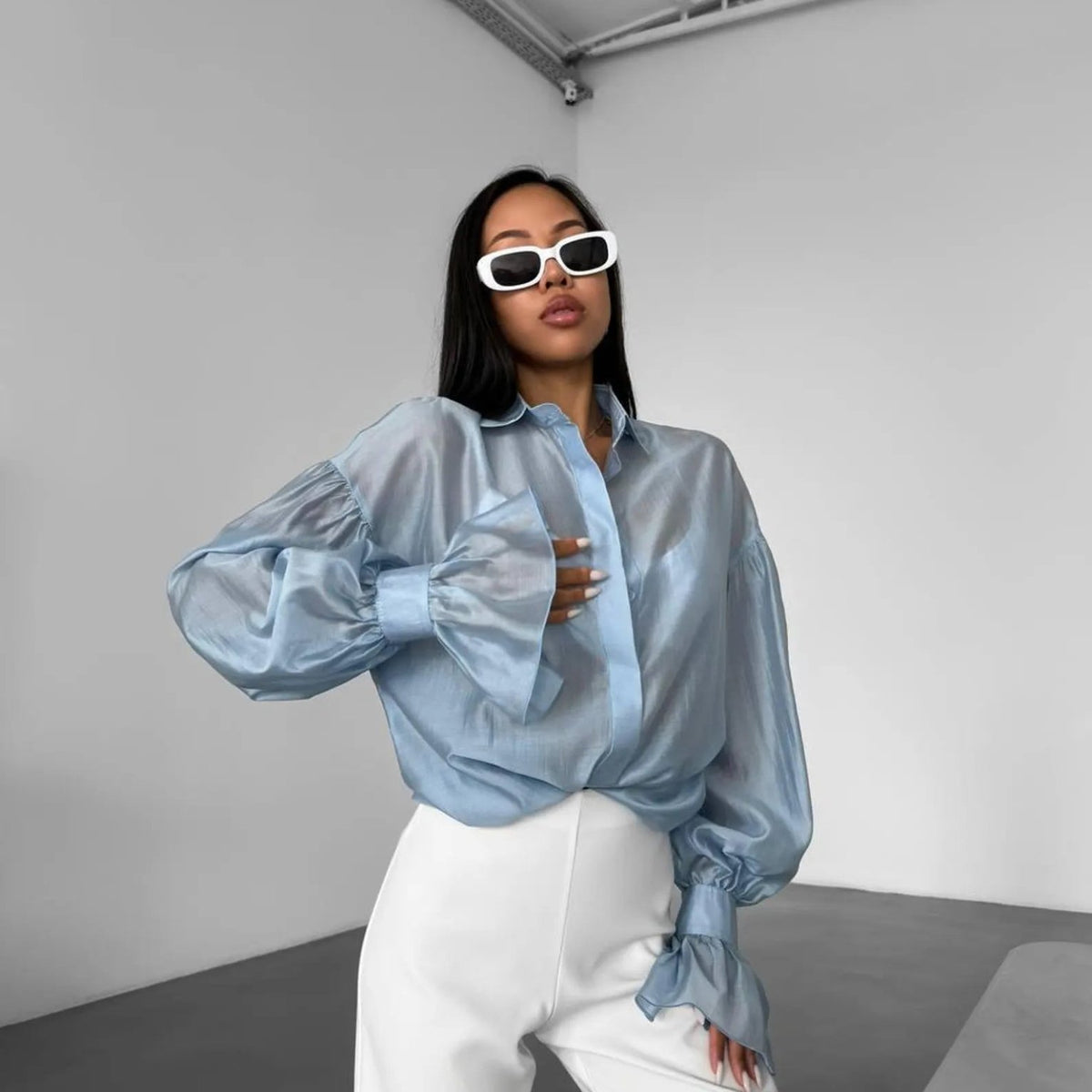 SOKYND Arabella Long Sleeve Sheer Blouse TopsBlueS