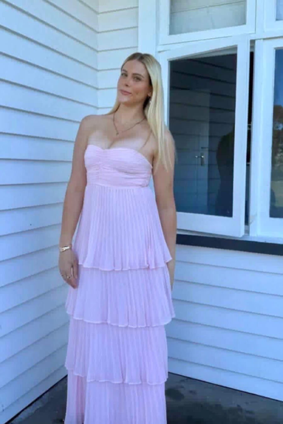 SOKYND Celeste Strapless Pleated Tiered Maxi Dress DressesS