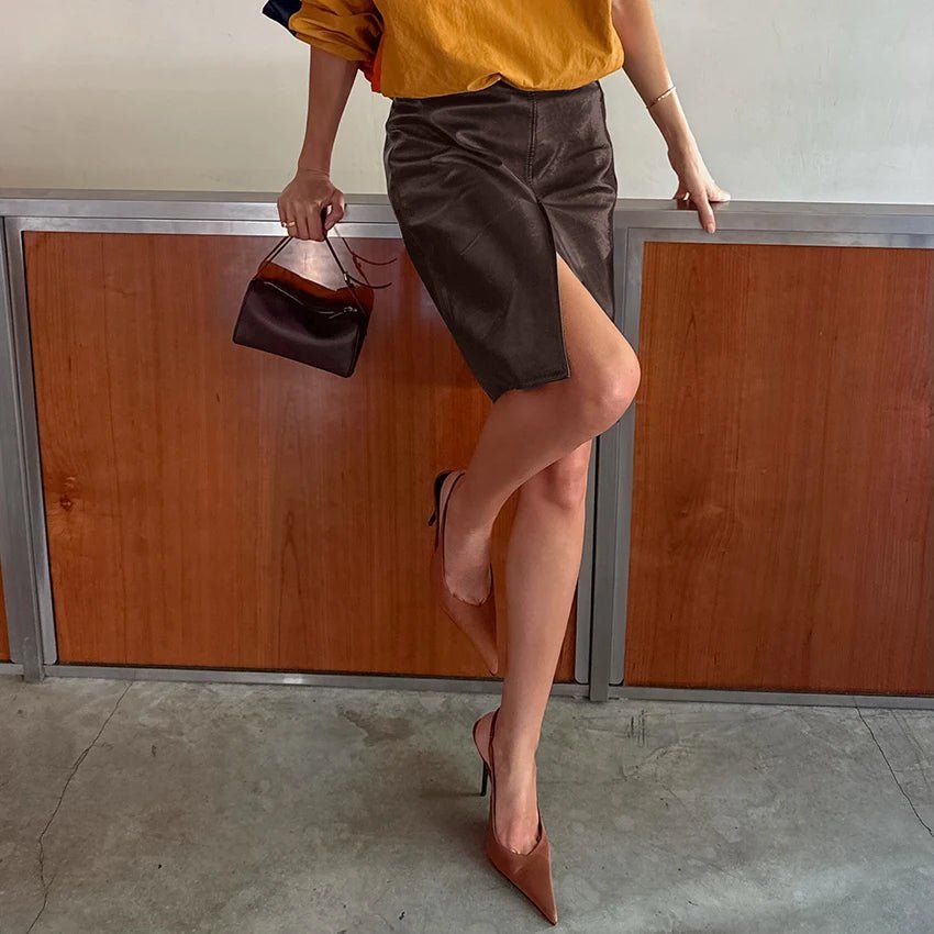 SOKYND Clara Split Knee Vegan Leather Skirt SkirtSOKYND-644887-BRO-M-10487BrownM