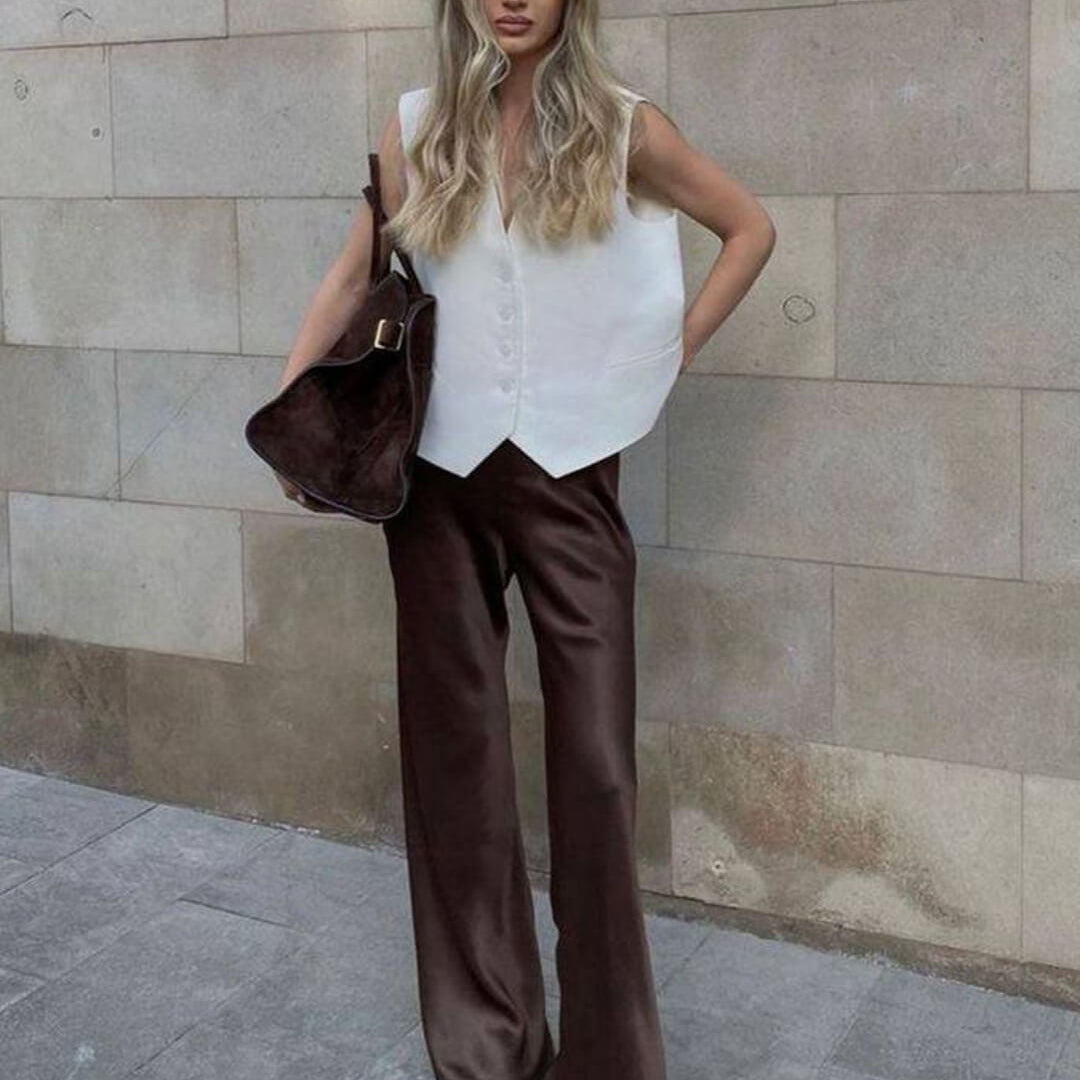 SOKYND Elena Wide Leg Satin Trousers PantsBrownS