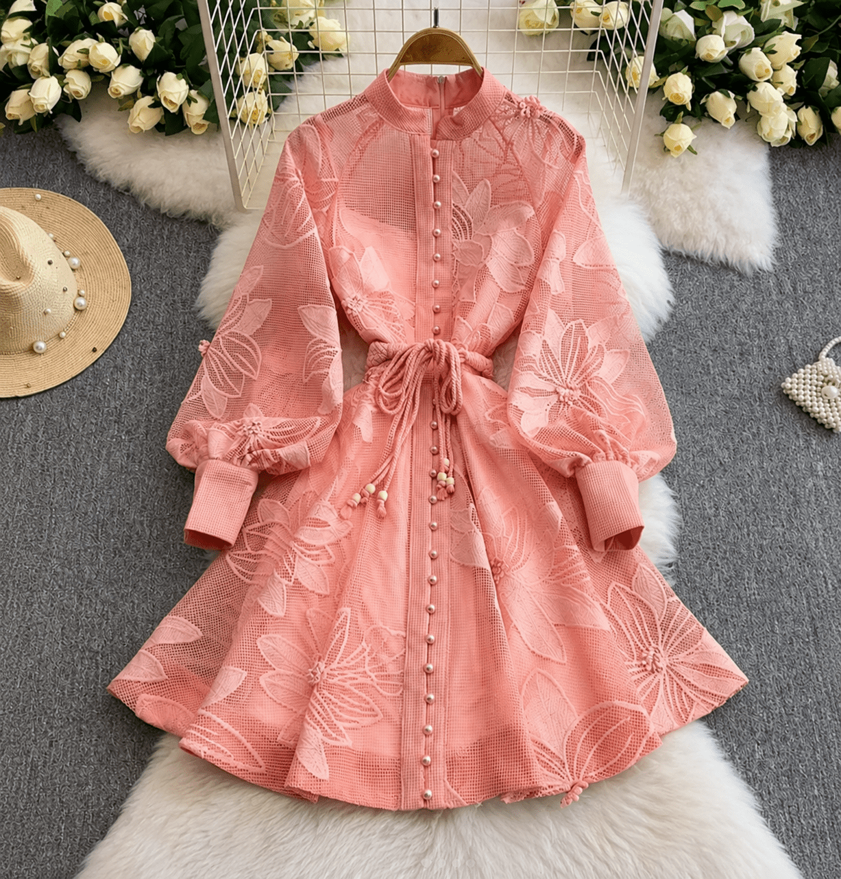 SOKYND Emilia Embroidered Lace Belted Dress DressSOKYND-202455-PIN-S-08279PinkS