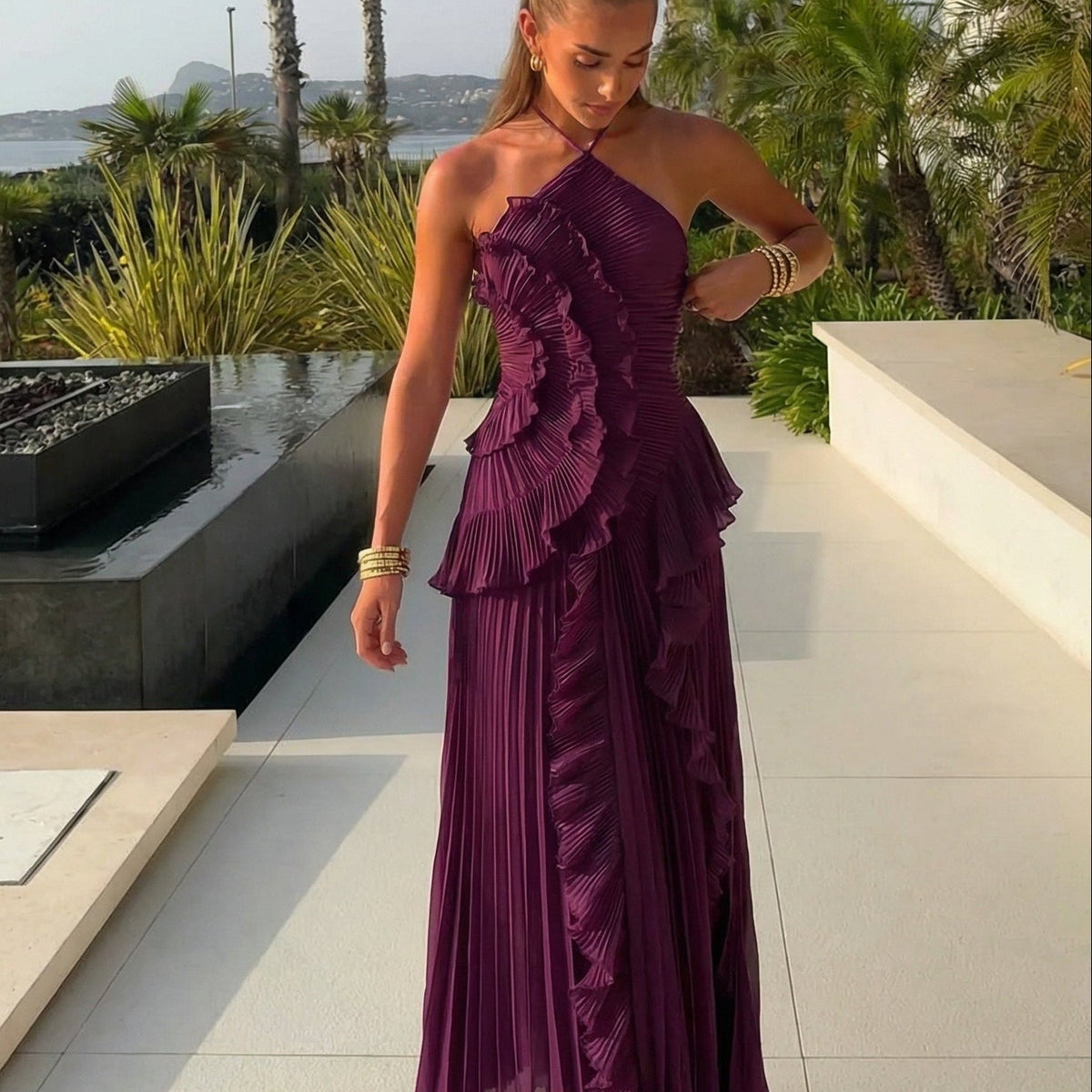 SOKYND Erica Halter Pleated Ruffle Maxi Dress DressSOKYND-674327-DAR-XS-10359Dark PurpleXS