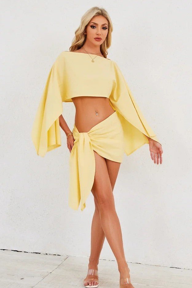 SOKYND Esmeralda Off-Shoulder Draped Two-Piece Set in Yellow