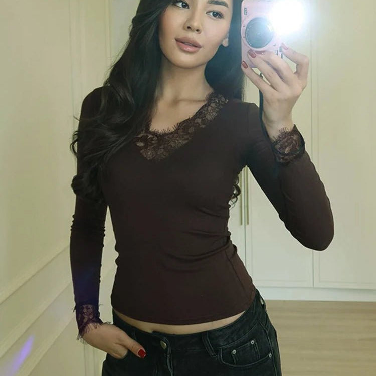 SOKYND Evelyn Lace V-Neck Casual Top TopSOKYND-482135-BRO-S-81367BrownS