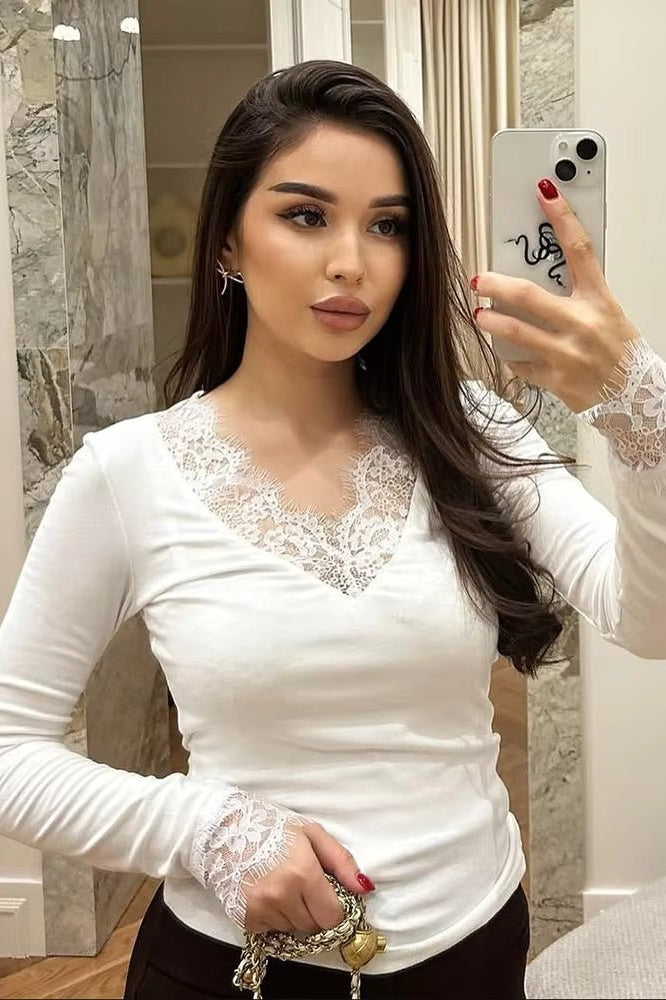 SOKYND Evelyn Lace V-Neck Casual Top TopSOKYND-482135-WHI-L-48599WhiteL