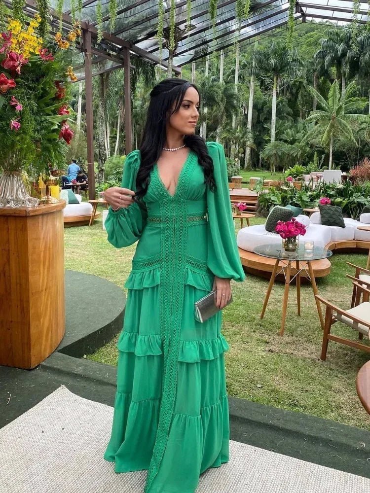 SOKYND Gemma Deep V - Neck Ruffle Maxi Dress DressGreenS