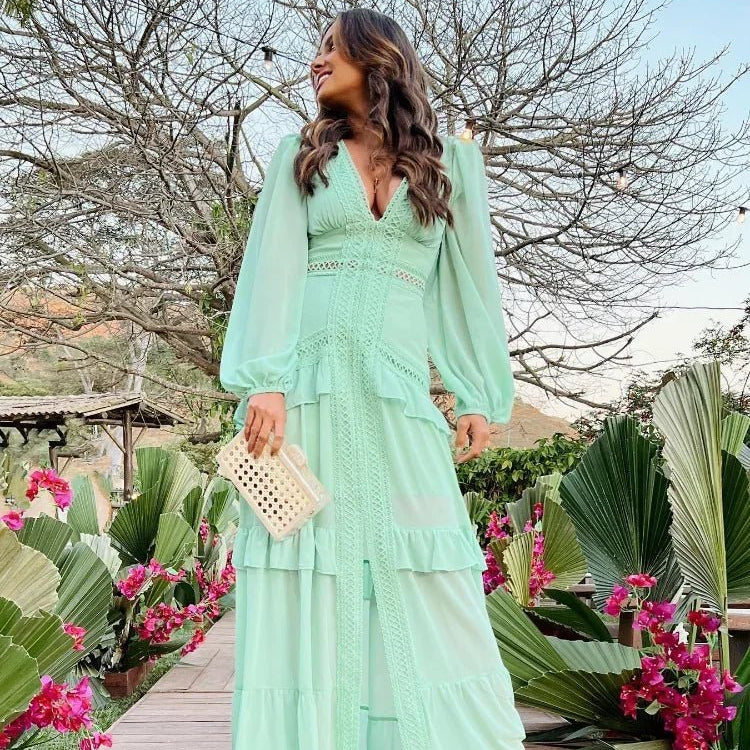 SOKYND Gemma Deep V - Neck Ruffle Maxi Dress DressLight GreenS