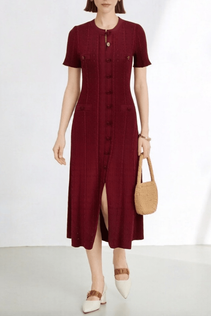 SOKYND Ines French V - Neck Knitted Slit Dress DressBurgundyXS