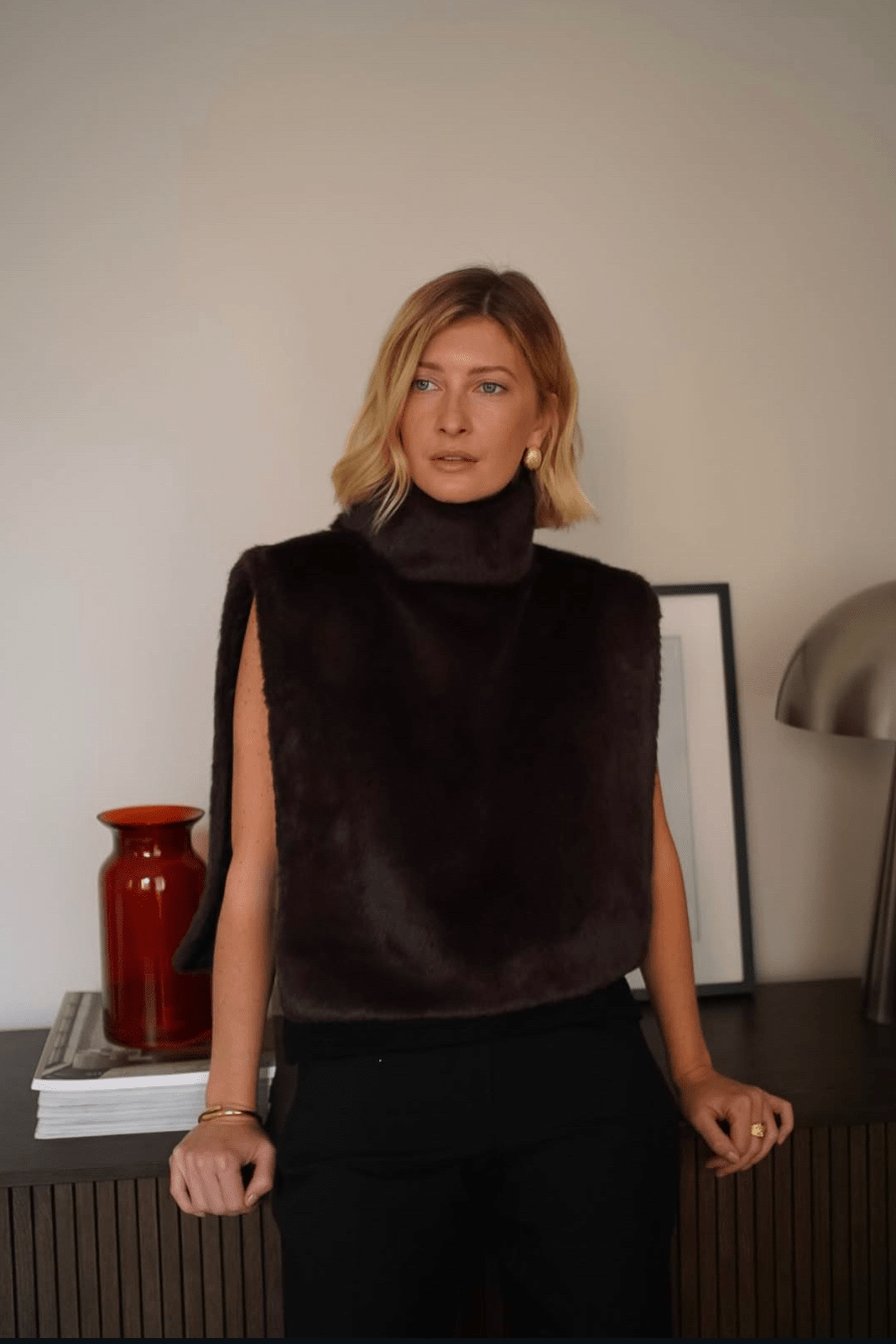 SOKYND Ivonne Faux Fur Turtleneck Vest VestsWJ1767625273836395614BrownM