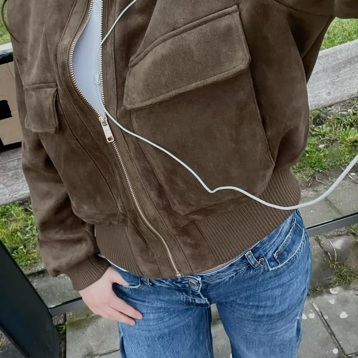 SOKYND Kelly Faux Suede Bomber Jacket JacketCoffeeXS