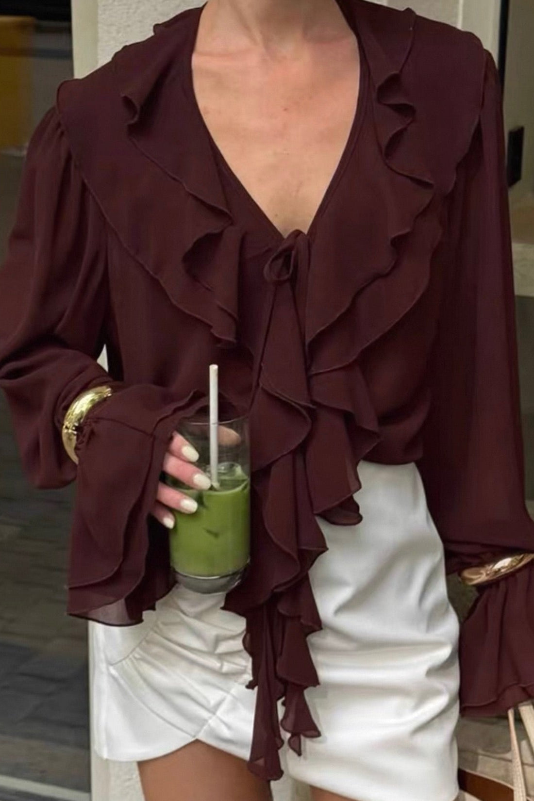 SOKYND Kelly Tie Neck Ruffled Blouse BlouseSOKYND-287383-BUR-S-97623BurgundyS