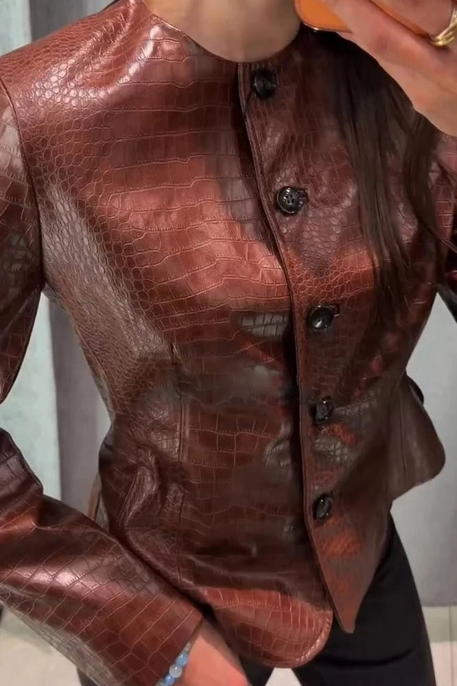 SOKYND Lola Croc Embossed Faux Leather Jacket JacketSOKYND-449943-BRO-S-53143BrownS