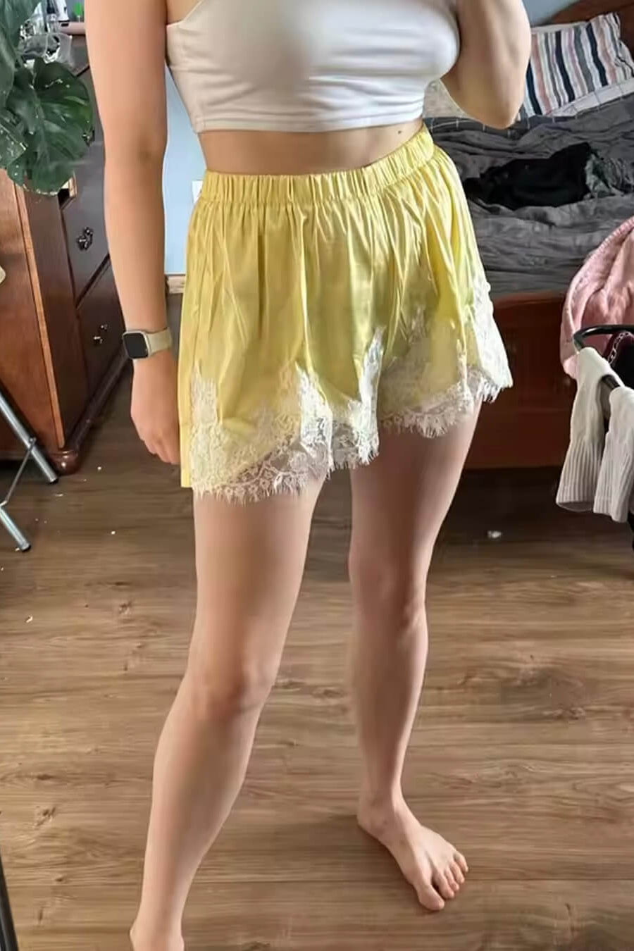 SOKYND Marigold Lace Patchwork Satin Shorts BottomsYellowL