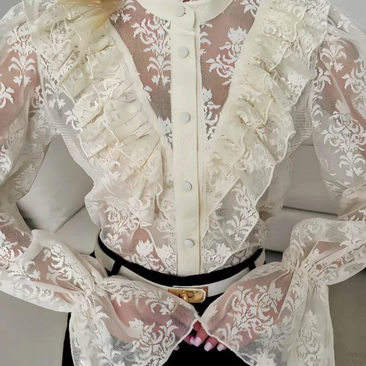 SOKYND Mia Ruffle Lace Sheer Blouse BlouseSOKYND-444951-BEI-S-88087BeigeS