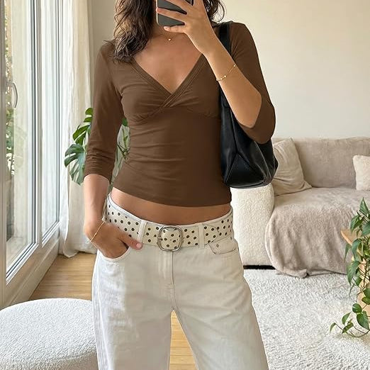 SOKYND Miranda Deep V Midi Sleeve Tee TopsSOKYND-270551-BRO-S-33239BrownS