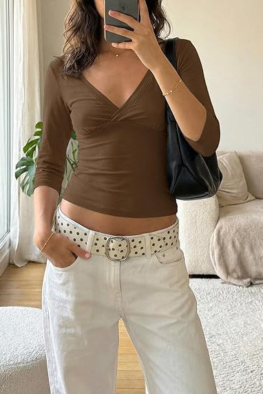 SOKYND Miranda Deep V Midi Sleeve Tee TopsSOKYND-270551-BRO-S-33239BrownS