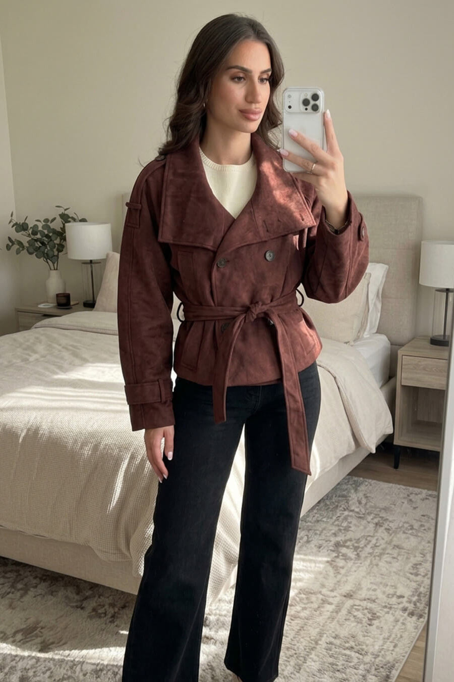 SOKYND Miriam Funnel Neck Faux Suede Belted Jacket JacketSOKYND-822743-BUR-M-24119BurgundyM