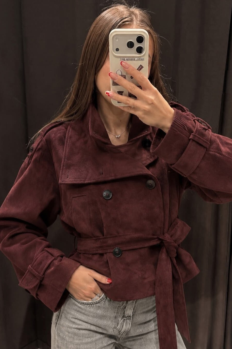 SOKYND Miriam Funnel Neck Faux Suede Belted Jacket JacketSOKYND-822743-BUR-S-91351BurgundyS