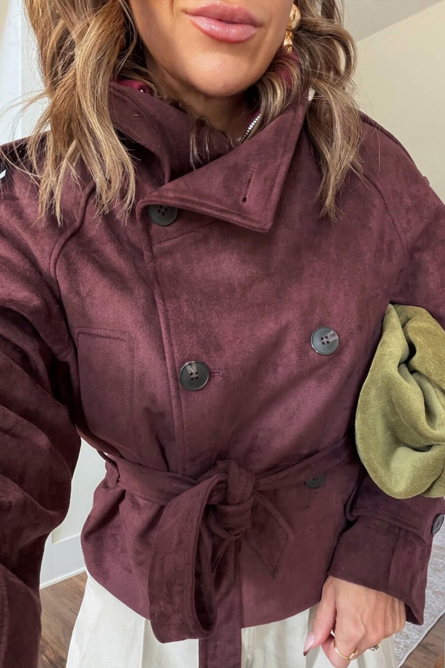 SOKYND Miriam Funnel Neck Faux Suede Belted Jacket JacketSOKYND-822743-BUR-XS-58583BurgundyXS