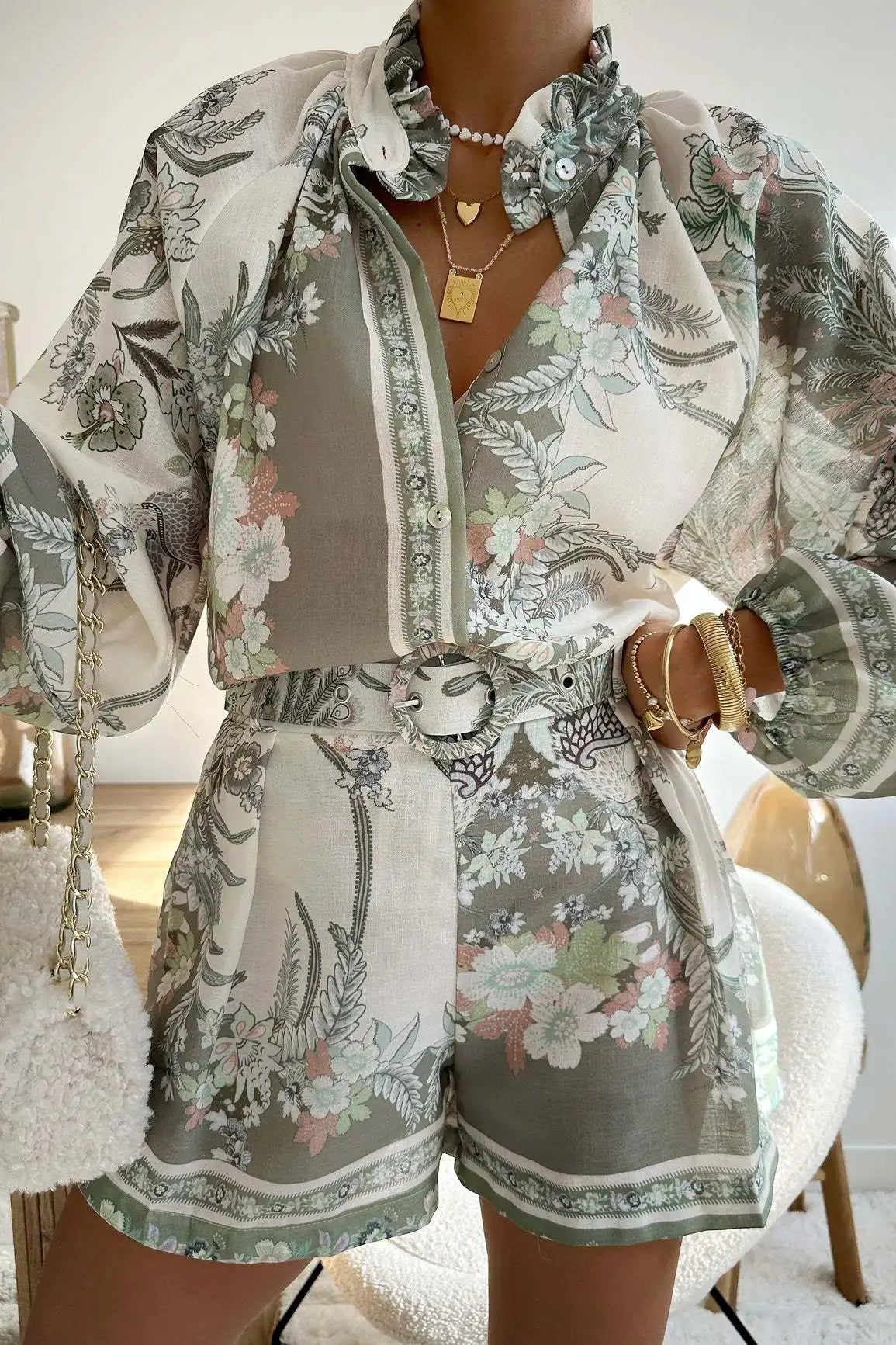 SOKYND Misty Floral Print Long Sleeve Shorts Set Matching Sets1005008984198283-;Ql1774905278707972816GreenS
