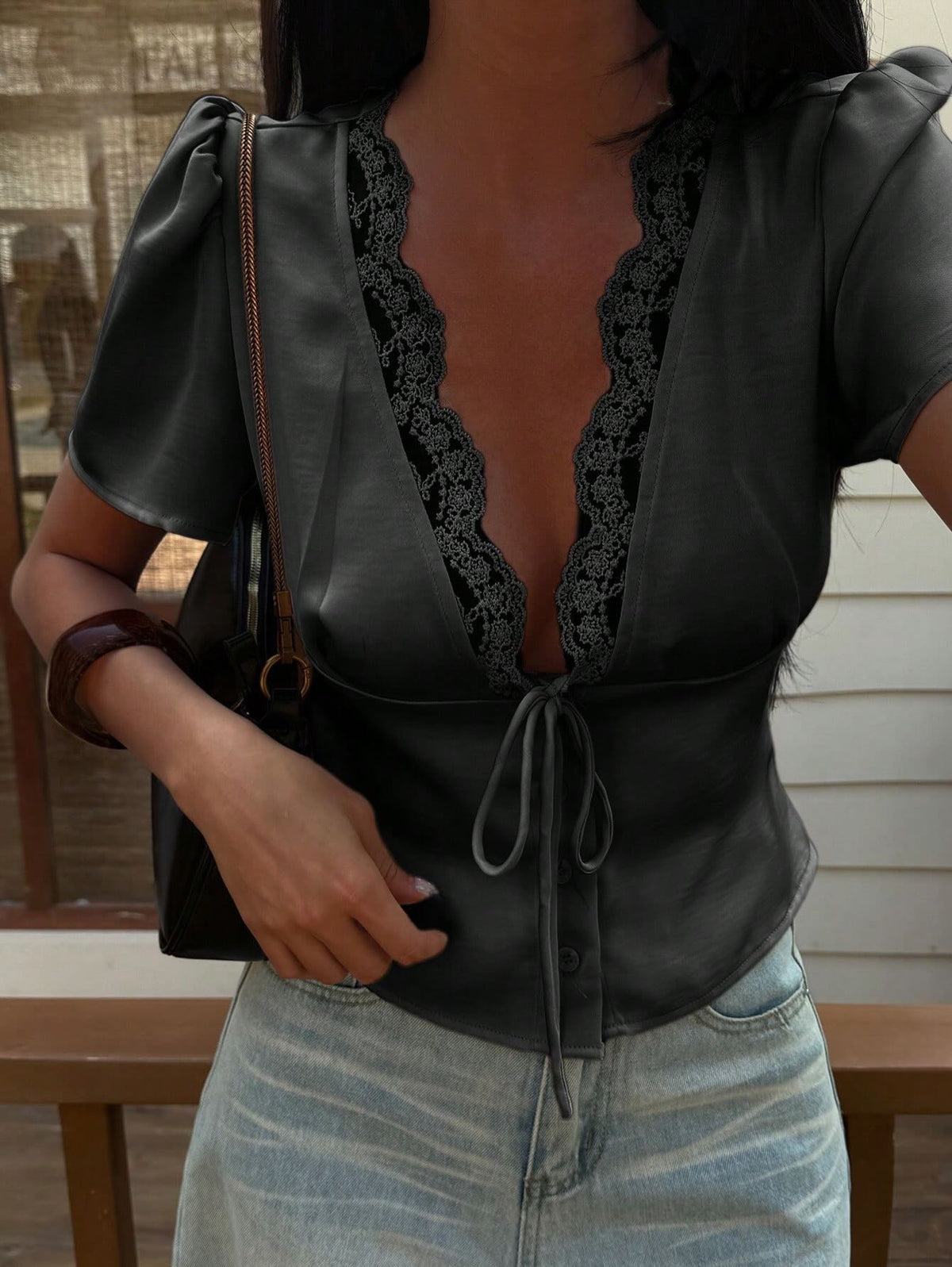 SOKYND Myrna Satin Lace Blouse TopsPeachS