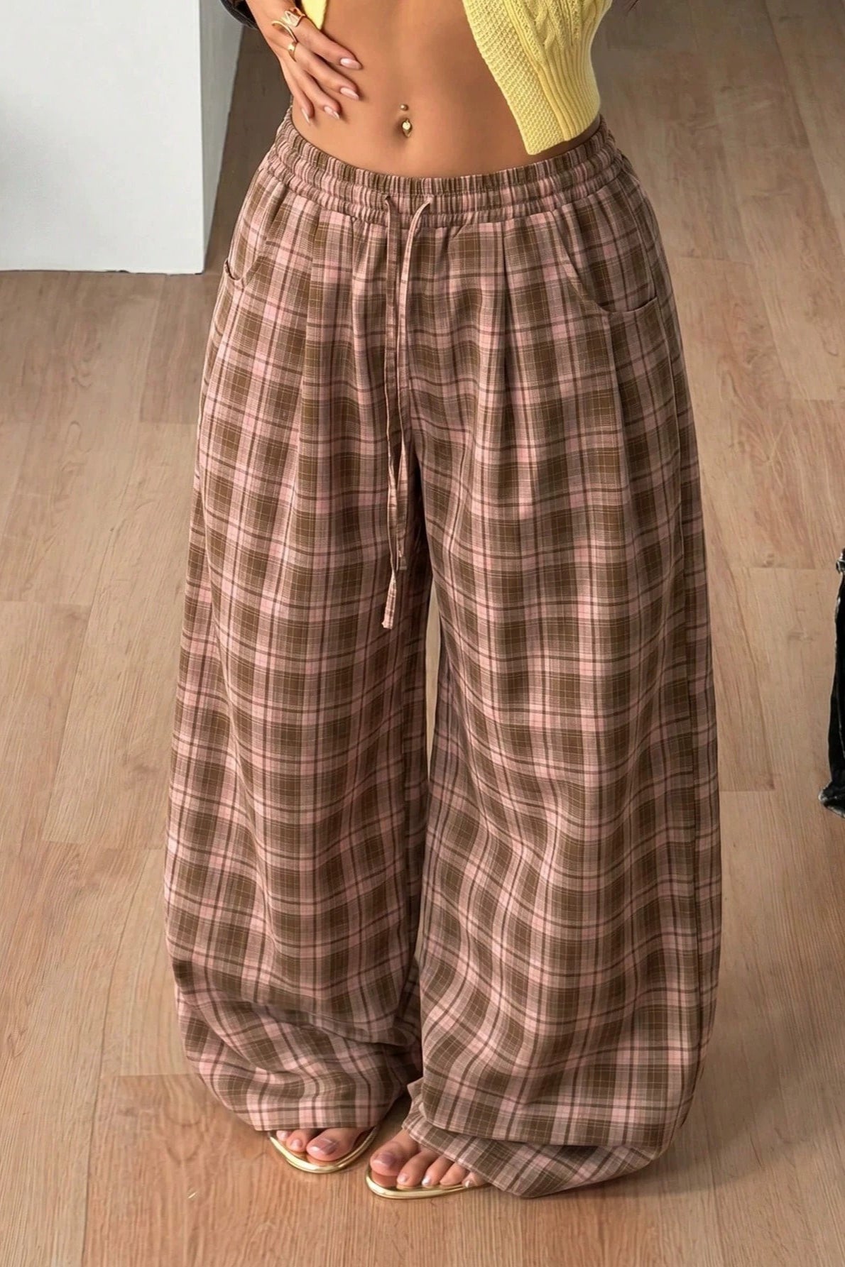 SOKYND Naomi Drawstring Wide Leg Plaid Pants PantsSOKYND-172119-BRO-S-77271BrownS