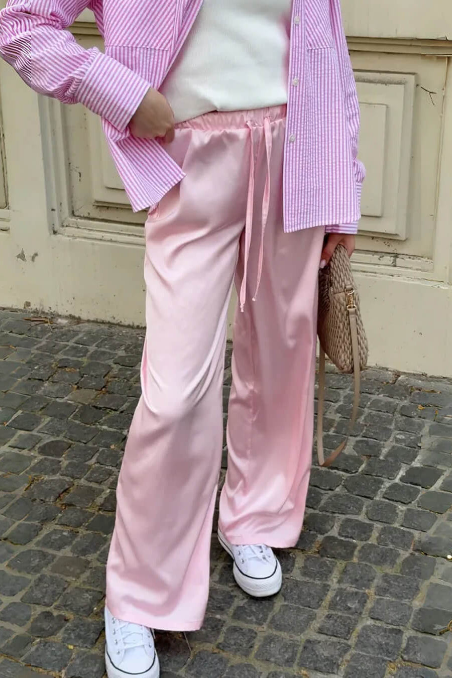 SOKYND Paige High Waist Satin Wide Leg Trousers BottomsPinkS