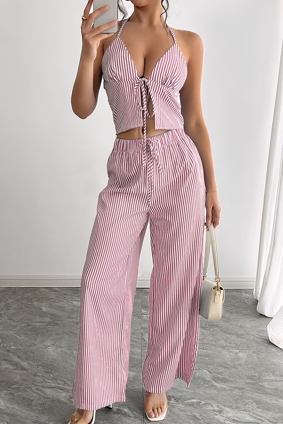 SOKYND Phoenix Striped Halter Tank Top Set TopSOKYND-043735-PIN-XS-16247PinkXS