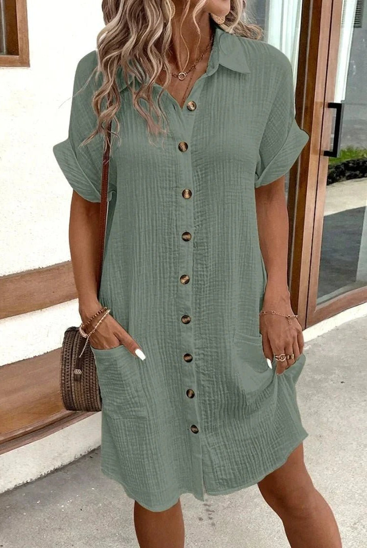 SOKYND Polina Cotton Linen V-Neck Mini Dress DressesSOKYND-041431-GRE-S-06807GreenS