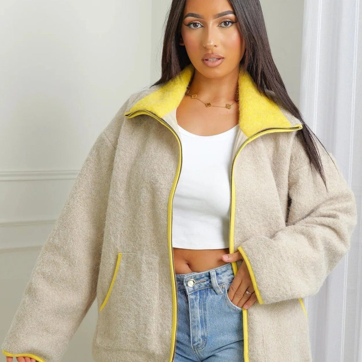 SOKYND Ruby Stand Collar Contrast Knit Pilot Jacket JacketSOKYND-339351-GRE-S-04887GreyS