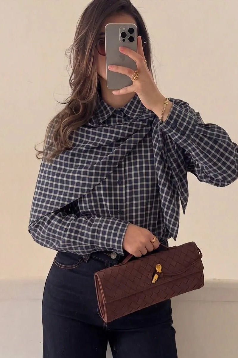 SOKYND Sabrina Plaid Scarf-Tie Shirt BlouseSOKYND-228247-NAV-L-82519NavyL