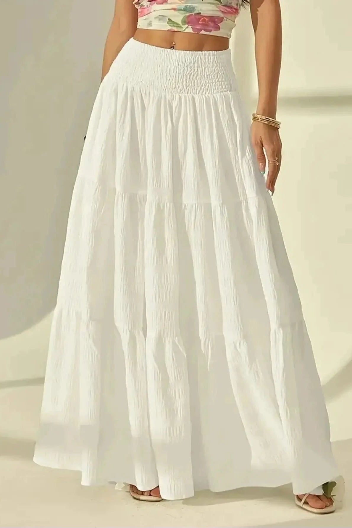 SOKYND Sienna Tiered Maxi Skirt Elastic Waist BottomsSOKYND-714903-WHI-S-59447WhiteS