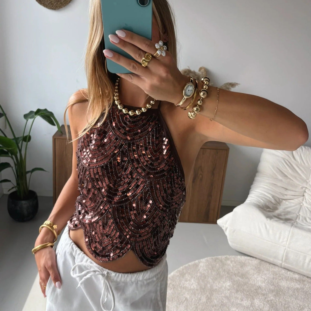 Top halter Jane com lantejoulas