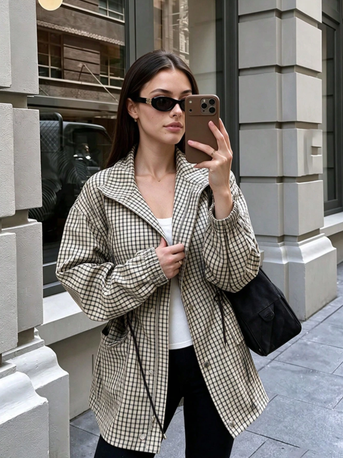 Amelia High-Neck Plaid Jacket
