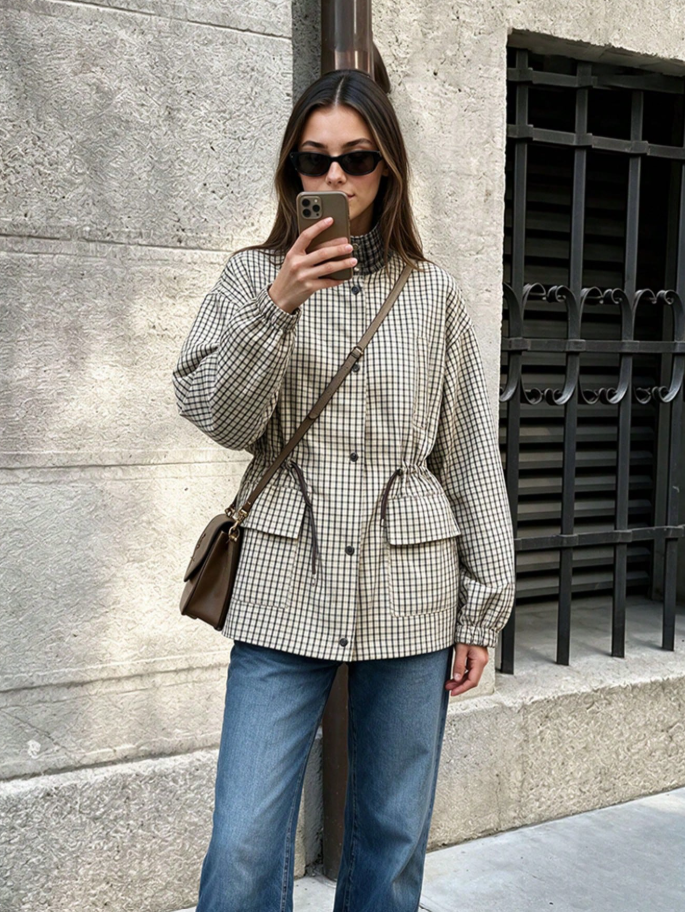 Amelia High-Neck Plaid Jacket