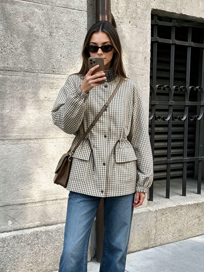 Amelia High-Neck Plaid Jacket