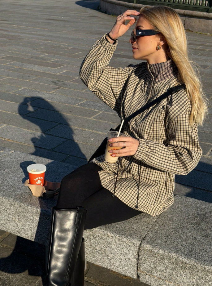 Amelia High-Neck Plaid Jacket