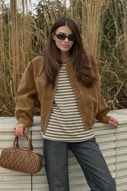 Amelia Suede Zip-Up Bomber Jacket