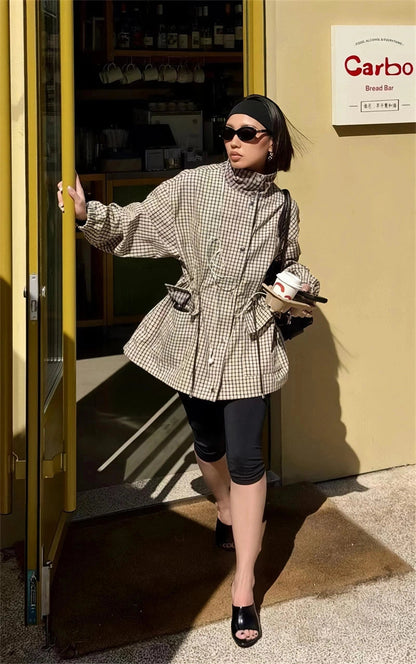 Amelia High-Neck Plaid Jacket