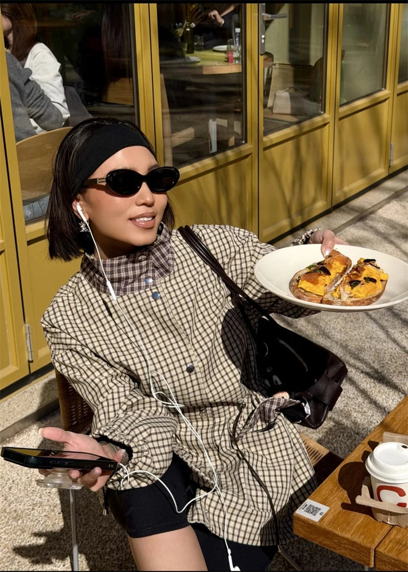 Amelia High-Neck Plaid Jacket