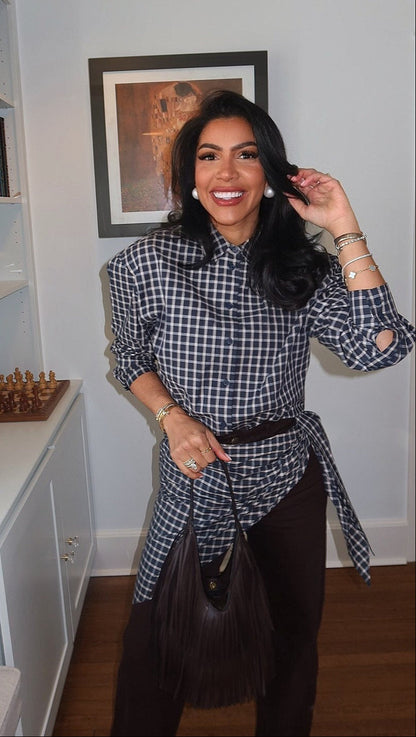 Sabrina Plaid Scarf-Tie Shirt
