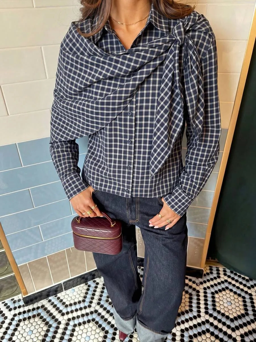 Sabrina Plaid Scarf-Tie Shirt