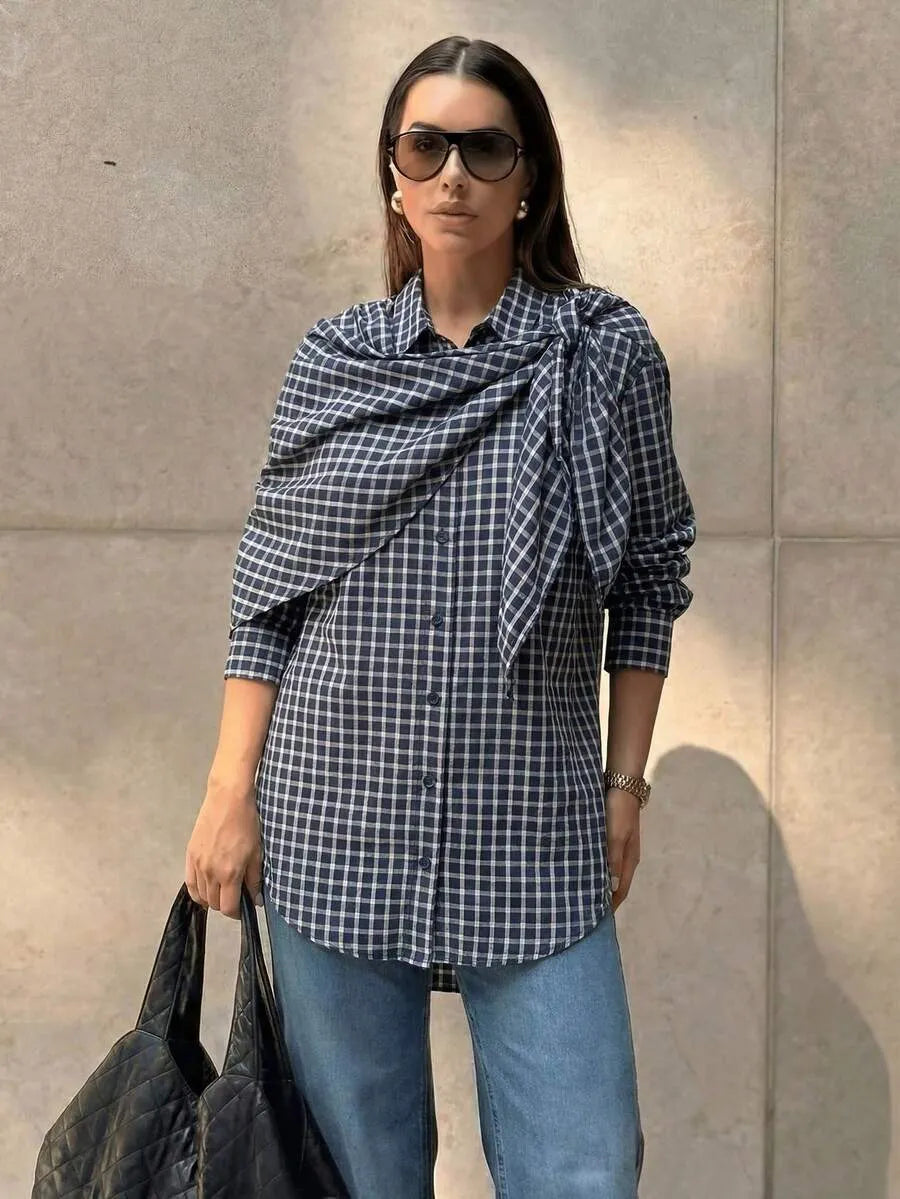 Sabrina Plaid Scarf-Tie Shirt