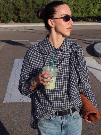 Sabrina Plaid Scarf-Tie Shirt