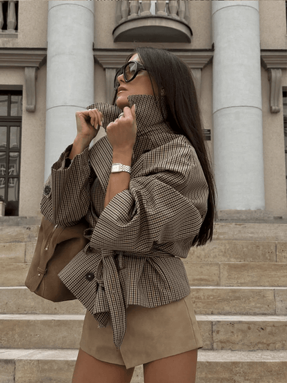 Nina Plaid Funnel Collar Trench Coat