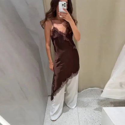 Gemma vestido midi assimétrico em cetim com renda