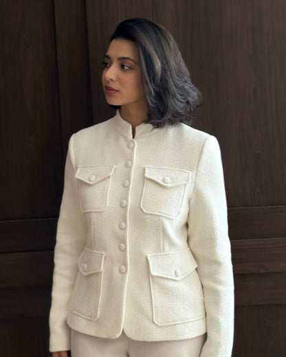 Angela Stand Collar Flap Pockets Blazer